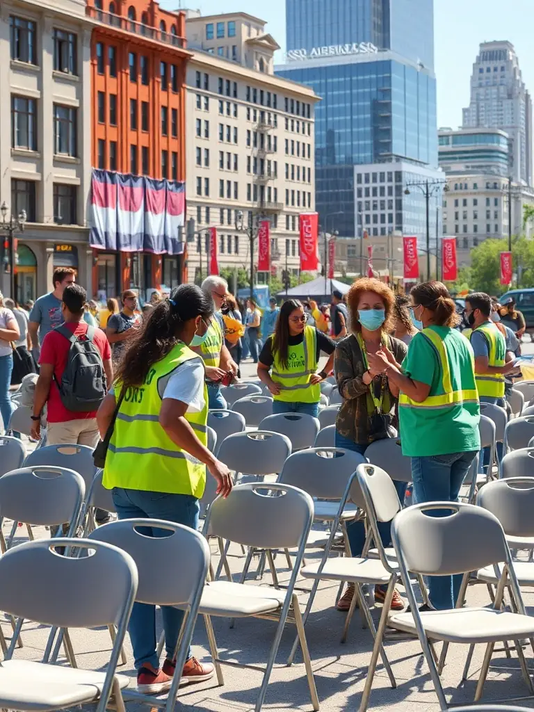 A photograph of CELLULOID ABSTRACT volunteers setting up for a community event, showcasing their dedication to fostering cultural engagement and accessibility.