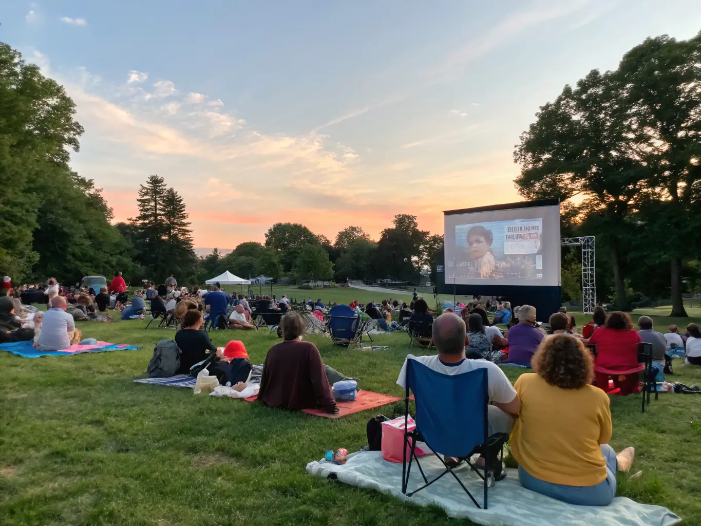 A diverse group of people joyfully participating in an outdoor film screening event organized by CELLULOID ABSTRACT, showcasing community engagement and cultural enrichment.