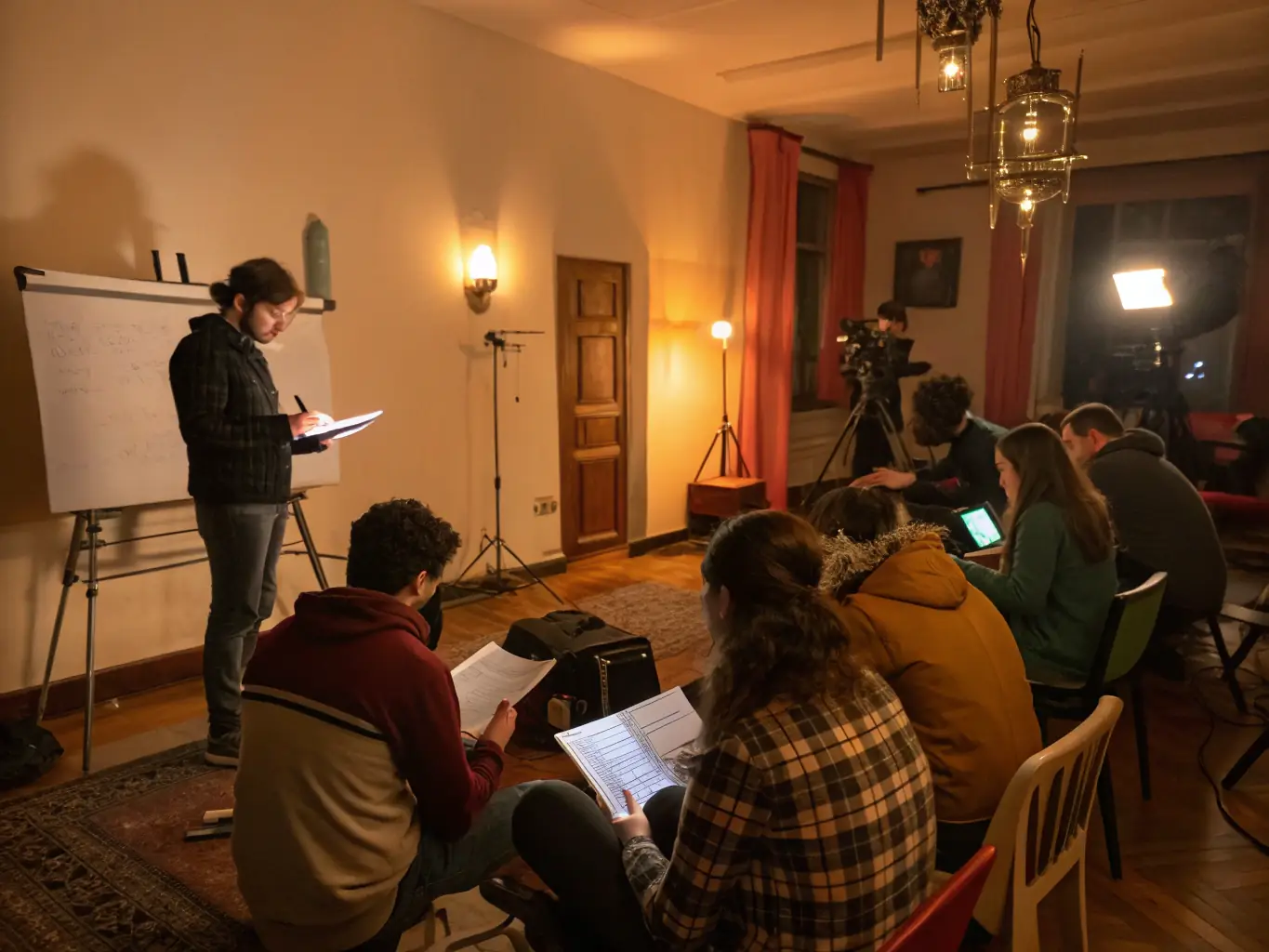 A photograph capturing a workshop session at CELLULOID ABSTRACT, where participants are learning about audiovisual production techniques from experienced professionals.