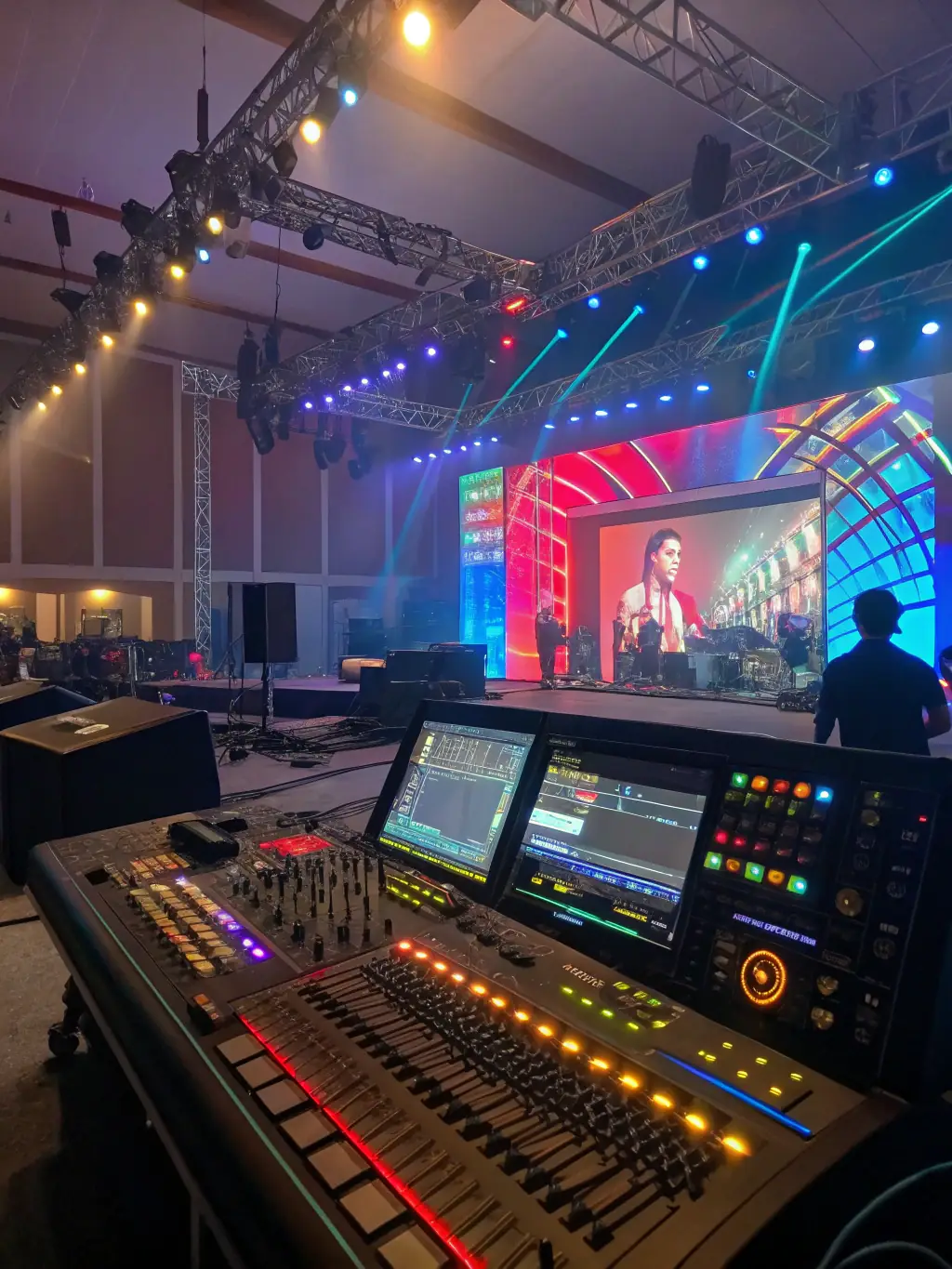 A captivating image of an audiovisual installation at a cultural event, highlighting the fusion of visual arts and music.