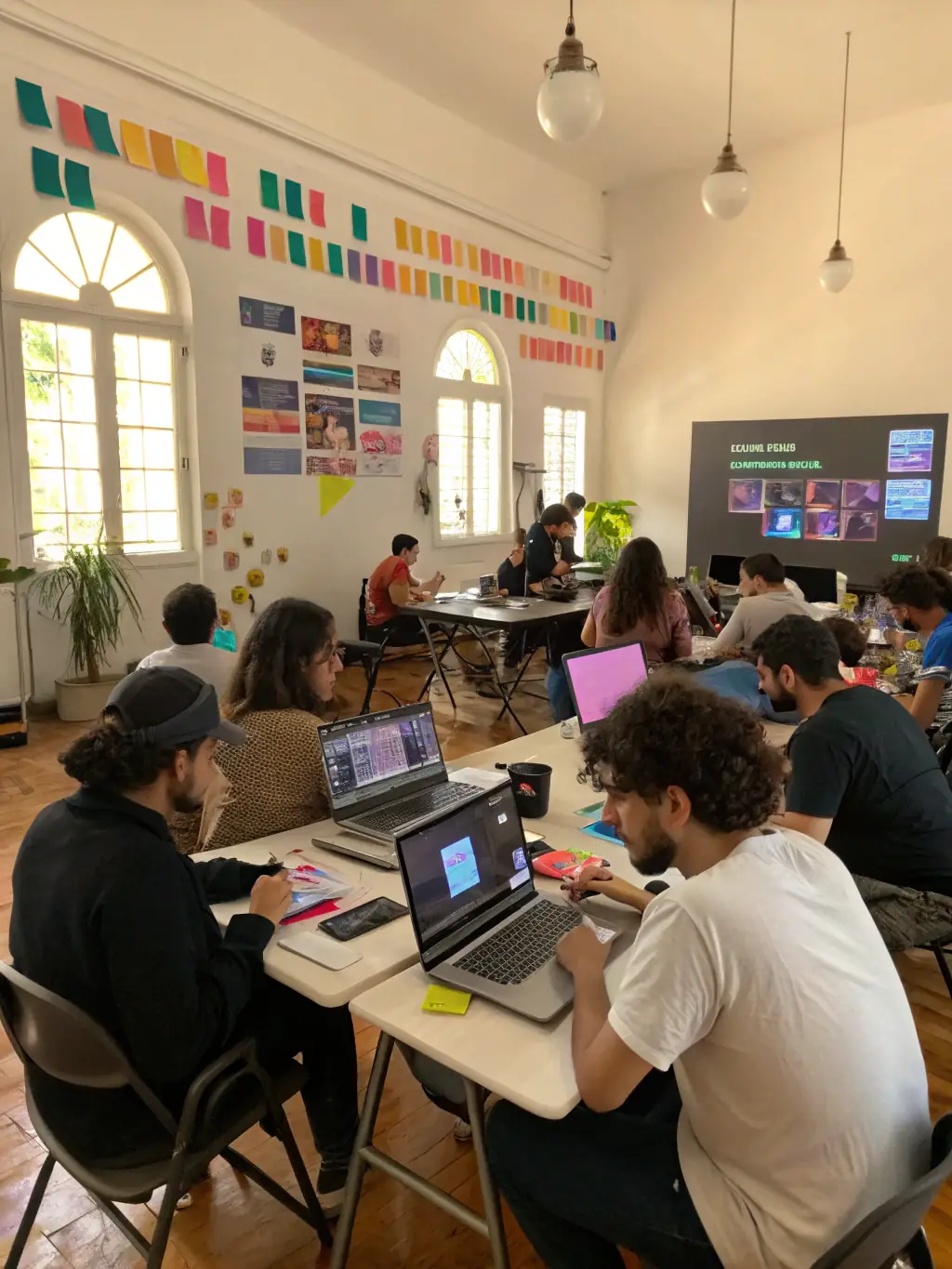 A collaborative workshop session with young participants learning about audiovisual production techniques, emphasizing hands-on learning and skill development.