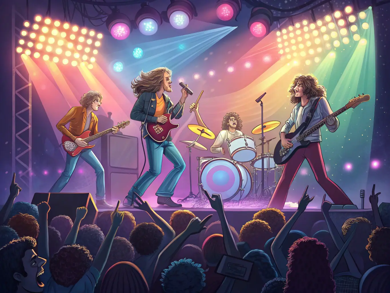 A vibrant image of a CELLULOID ABSTRACT-sponsored music event, featuring a local band performing on stage with enthusiastic audience members.